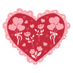 Valentine's Day crafted card. Heart frame in doodle lace style with romantic balloons, hearts and flowers. Vector hand drawn vintage illustration for postcards, invitations, ads, branding, gift