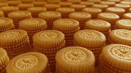 Stacks of golden brown survival biscuits with intricate circular patterns arranged closely together