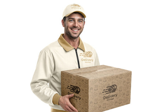 Box Mockup Delivery Man Holding A Package