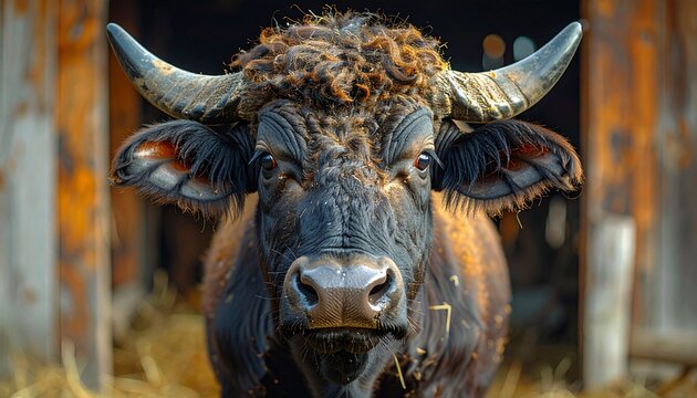 High-definition close-up of a buffalol ooking directly at the camera with background of barn. The image captures fine details of the face &mdash; soft fur texture, moist nose, big gentle eyes.