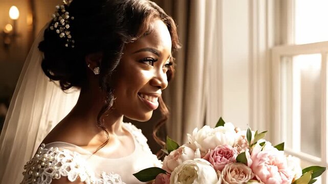 A smiling African American bride holds her bouquet by a window. A beautiful woman in a wedding dress getting ready for her ceremony. Love and marriage celebration