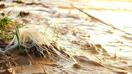 Tangled fishing lines and debris washed ashore on a sandy beach with grass and sunlight