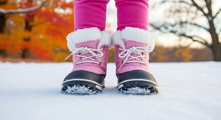 Child's pink winter boots in snow