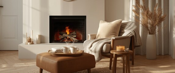 Naklejka premium Cozy Hygge home setup with soft leather chair, blanket, pillow, and tea for two, complemented by candles beside a fireplace