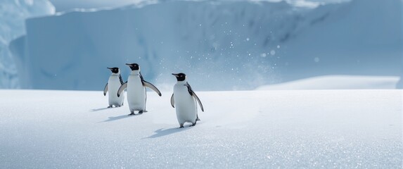 Obraz premium Penguins with chinstraps descending the snow in a trio
