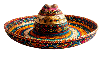 Colorful, decorative straw hat with wide brim and high crown against black background