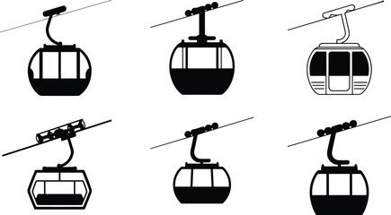Set of 6 gondola lift cabin icons with varied cable attachments, ideal for transport, tourism, and engineering design themes. © Kseniia Dizdar