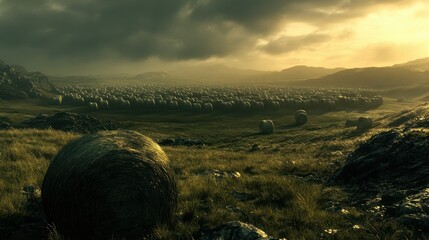 Vast expanse of stacked unaddressed raw material hay bales in a rural field under a cloudy sky