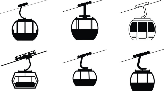 Set of 6 gondola lift cabin icons with varied cable attachments, ideal for transport, tourism, and engineering design themes.