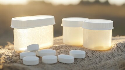 White water purification tablets scattered on a textured surface with translucent containers in soft sunlight