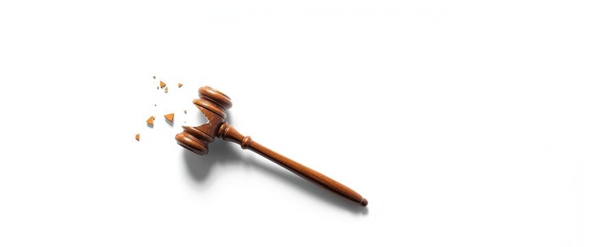 Broken wooden judge gavel on white background symbolizing lawlessness and injustice