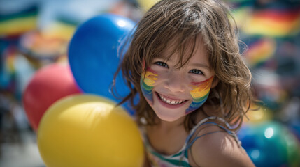 A joyful child with colorful face paint and rainbow balloons, celebrating the happiness of International Children's Day, over-the-shoulder view with balloons in foreground, childâs