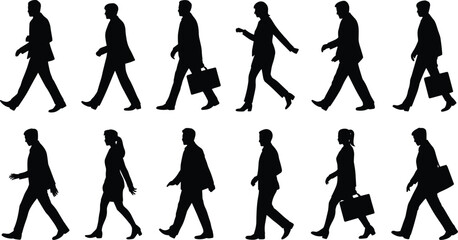 Obraz premium Set of 10 walking silhouette icons featuring men and women in business attire, ideal for urban and professional design themes.