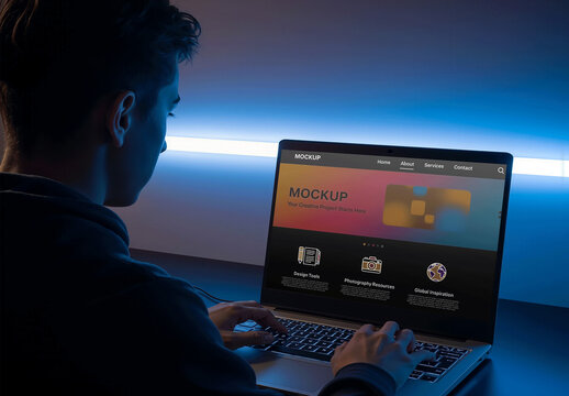 Person Using Laptop Dark Room Mockup