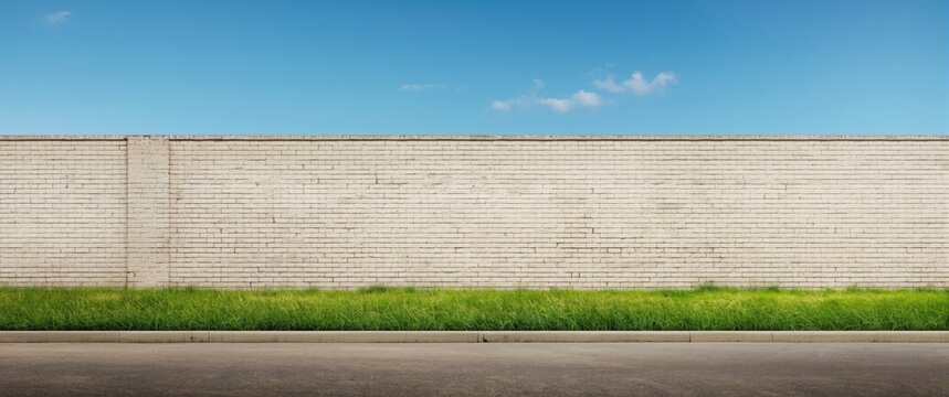 Spacious white brick wall structure on grassy field under blue sky