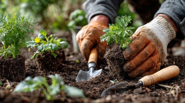 Hands work in soil planting flowers and herbs with small tools during early spring gardening activity
