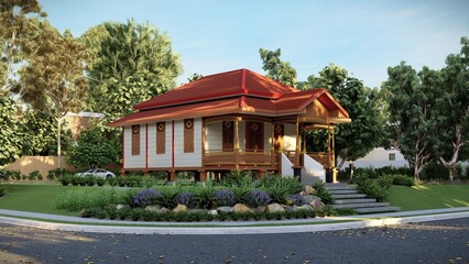 Modern Indonesian Traditional Stilt House, elevated on sturdy wooden pillars to protect against flooding and improve air circulation. Related to vernacular modernization, sustainable tropical living