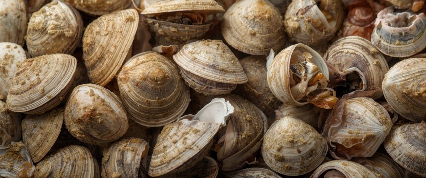 Seafood ingredients including closed fresh baby clams, venus shell, shellfish, carpet clams, short necked clams in raw form from the sea