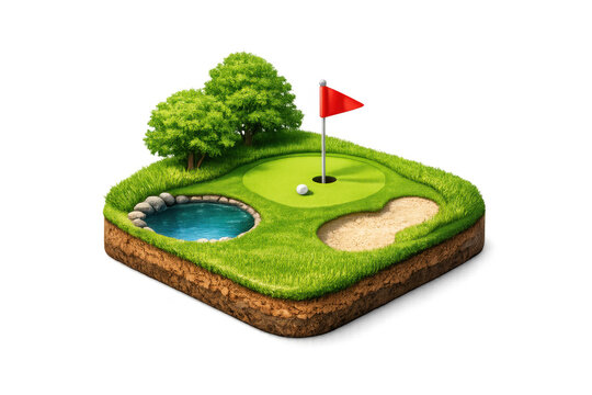 Isometric golf course hole with green, sand trap, pond, and red flag. Mini landscape design on transparent background