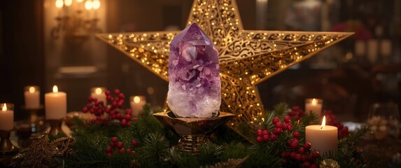 Christmas star decoration featuring an Amethyst crystal centerpiece