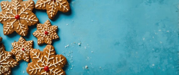 Blue background with top view of winter gingerbread cookies