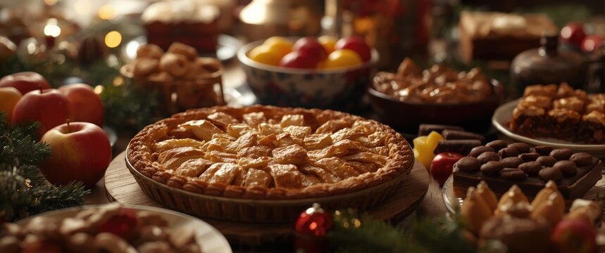 Hot from the oven apple pie accompanied by a display of festive treats