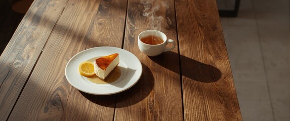 Naklejka premium A piece of Basque Cheesecake from San Sebastian served with lemon and tea on a table