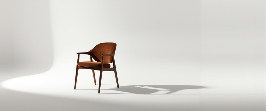 Four-legged wooden chair featuring a brown velvet cushion on a white backdrop