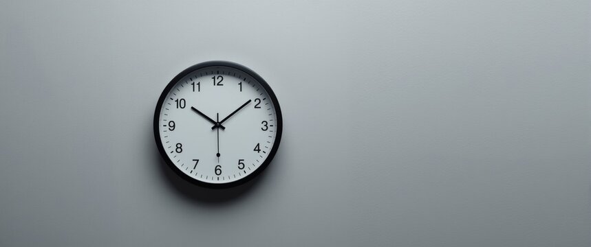 Wall clock closeup on background, featuring a hanging wall clock, minimalist flat lay style with copy space and centered composition