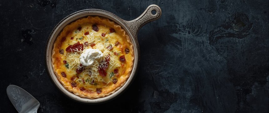 Detailed overhead shot of bacon and cheese quiche in a baking dish on a dark surface, topped with shredded cheese, cream, and a cake shovel