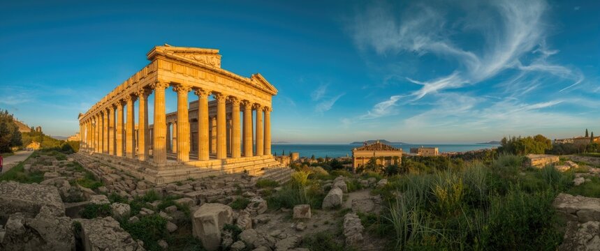 Wide-angle view of the historic Doric Temple of Apollo in Ortigia island
