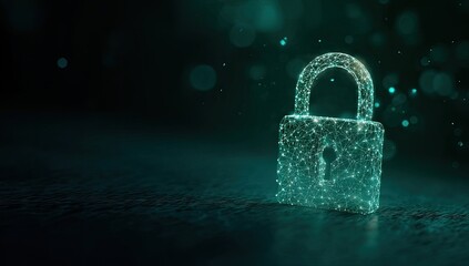 A glowing network-style padlock sits against a dark background, suggesting digital security