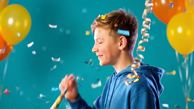portrait profile in hoodie and sweatshirt. smile amid confetti and balloon. celebration and party elements fill blue backdrop. portrait captures expression. balloon string and confetti detail seen.