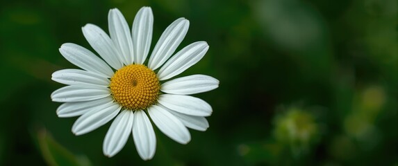 Obraz premium Extreme macro shot of chamomile flower showing white petals and yellow center against green leaves