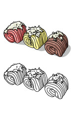 a set of getuk  Cassava sweet bread with different colors with Grated coconut. Snack Coloring page 