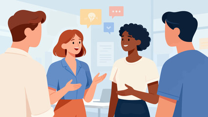 Obraz premium A group of people are talking to each other in a room. The woman in the center is smiling and the man on the left is smiling as well. The room has a blue and white color scheme