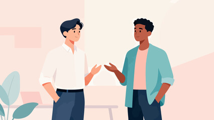 Fototapeta premium Two men are talking to each other in a room. One of them is wearing a white shirt