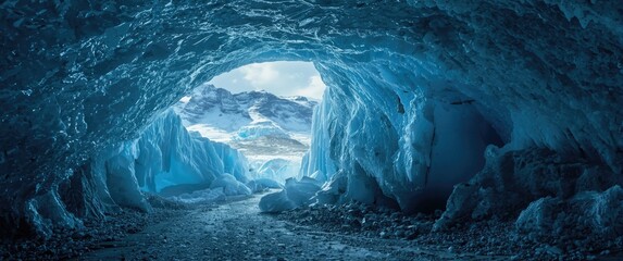 Deep inside a glacial ice cave with mountain views
