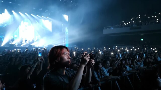 concert audience crowd gather under stage light. phone and camera capture silhouette of band during music set. audience raise phone light across venue. crowd energy fills concert space. stage smoke.
