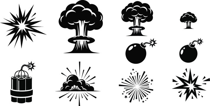 Aerial bombs explosions and explosive devices vector icons set. 