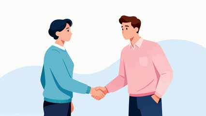 Fototapeta premium Two men shake hands in a business meeting. The man on the left is wearing a blue shirt and the man on the right is wearing a pink shirt