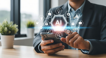 A Business Professional Engaging with Mobile Innovation in a Modern Office Environment