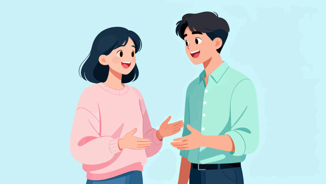 A man and a woman are talking to each other. The man is smiling and the woman is smiling back