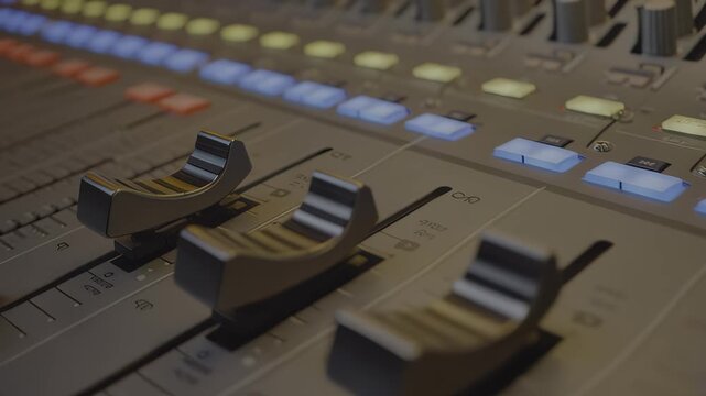 Audio mixing console with faders being adjusted, showcasing the gradual movement of sliders and illuminated buttons, highlighting sound control and precision in audio production