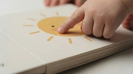 Toddler hand touching a cartoon sun illustration on the cover of a minimalist children's board book. Early literacy.