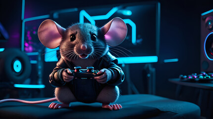 little gamer mouse playing video games in his modern room