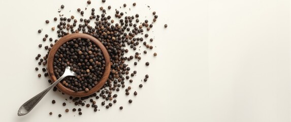 Peppercorns or black pepper in a wooden bowl with spoon, top view, flat lay, isolated on background