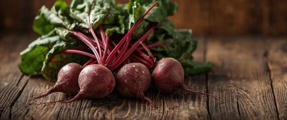 Bunch of organic beetroots displayed on a wooden rustic table