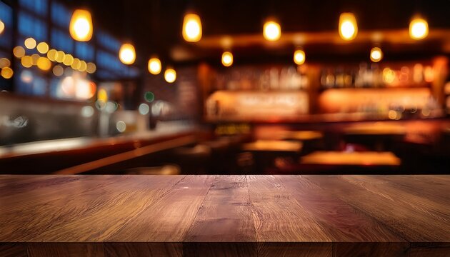 Empty Dark Wooden Table Top On Blurred Bar Or Restaurant Background With Warm Lighting Banner With Copy Space Template Showcase Scene For Display Montage Advertising Product