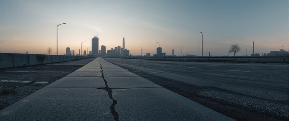 Industrial area with a vacant sidewalk and urban elements seen from a perspective view, no pedestrians